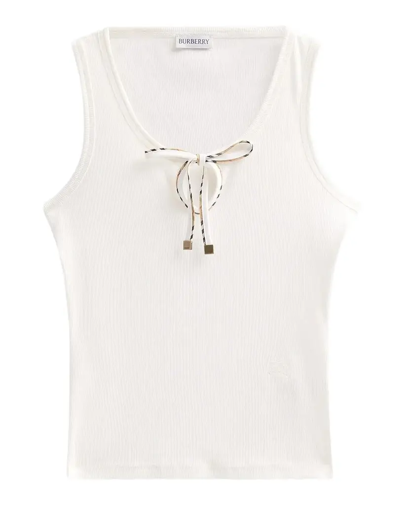 Burberry Tierra Check Tie Scoop-Neck Cotton Rib Tank Top | Image 1 Burberry Tierra Check Tie Scoop-Neck Cotton Rib Tank Top | Image 1