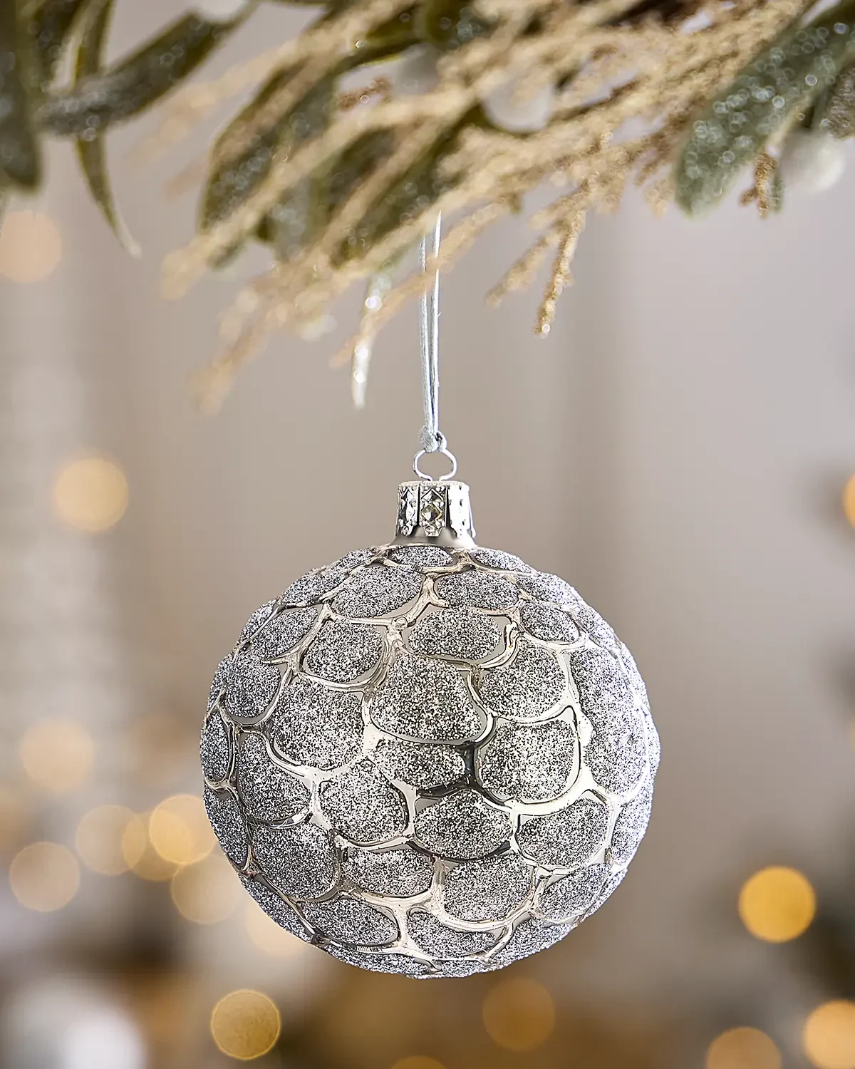 Exclusive Glitter-Embellished Matte Silver Ball Christmas Ornament