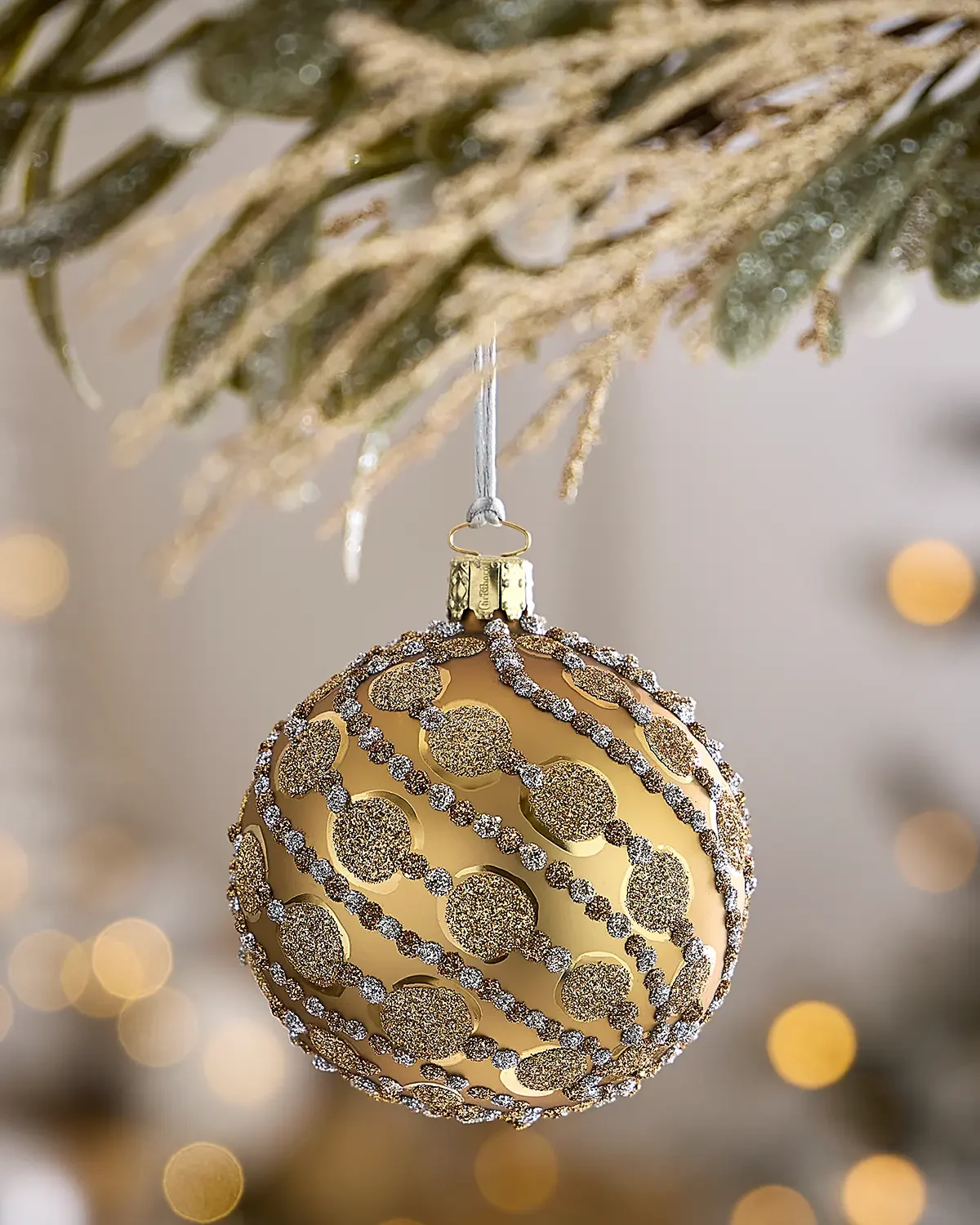 Exclusive Glitter Polka Dots on Matte Gold Ball Christmas Ornament