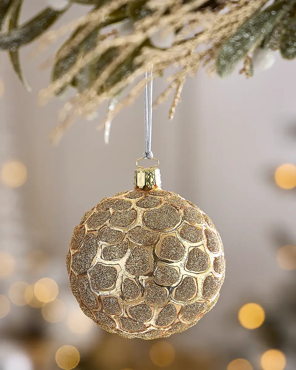 Exclusive Glitter-Embellished Matte Gold Ball Christmas Ornament | Image 1 Exclusive Glitter-Embellished Matte Gold Ball Christmas Ornament | Image 1