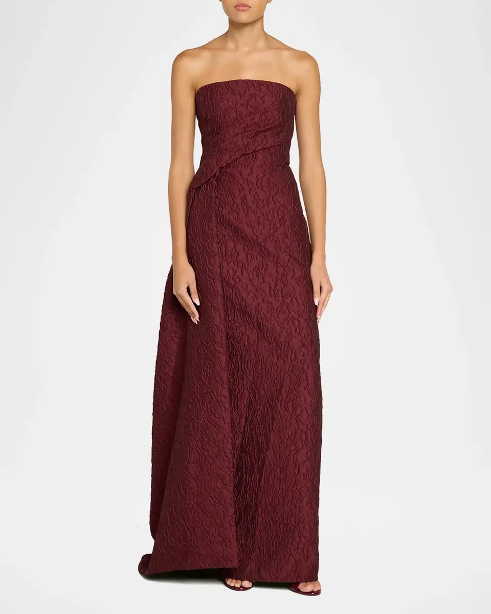 MONIQUE LHUILLIER Strapless Textured Jacquard Draped Train Column Gown | Thumbnail 2 MONIQUE LHUILLIER Strapless Textured Jacquard Draped Train Column Gown | Thumbnail 2