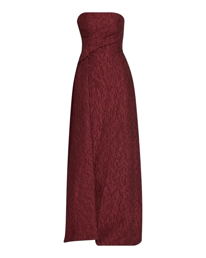 MONIQUE LHUILLIER Strapless Textured Jacquard Draped Train Column Gown | Image 1 MONIQUE LHUILLIER Strapless Textured Jacquard Draped Train Column Gown | Image 1