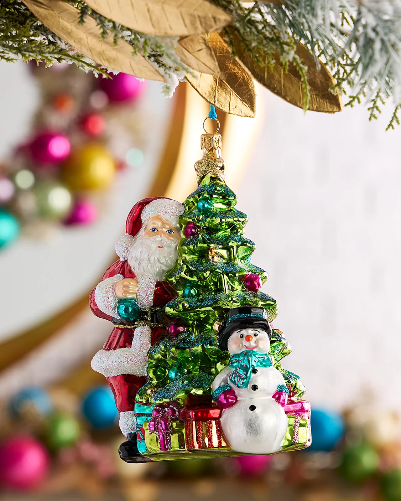 Exclusive Santa with Tree and Snowman Christmas Ornament