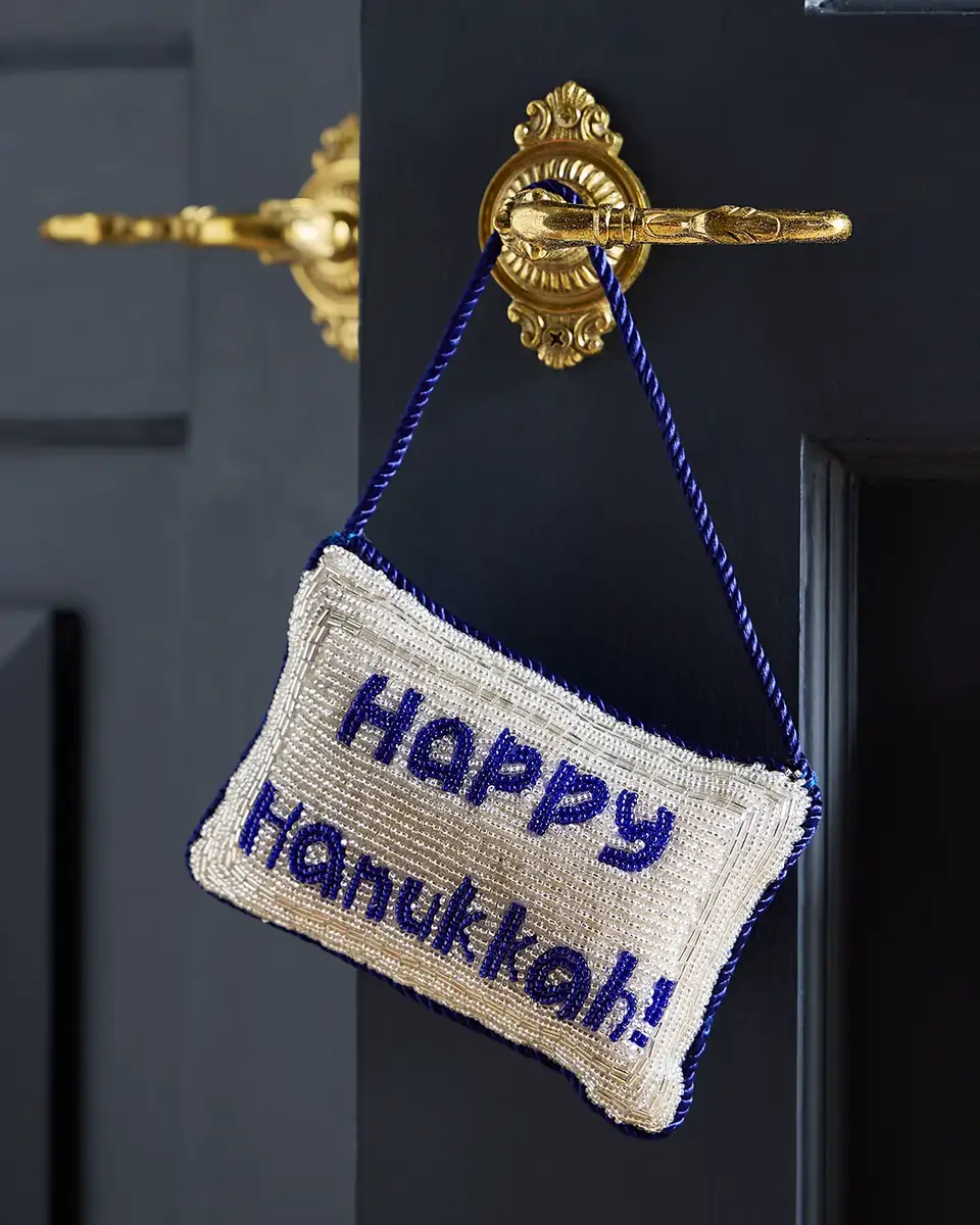 Sudha Pennathur Happy Hanukkah Hand Embroidered Doorknocker