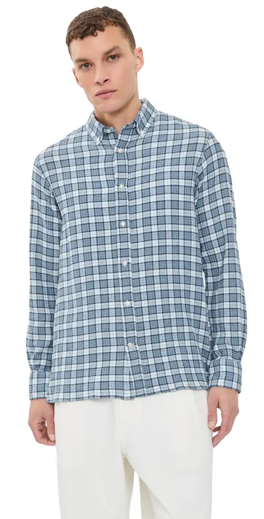 OFFICINE GÉNÉRALE Arsene Waffled Button Down Shirt White/Blue/Navy | Image 1 OFFICINE GÉNÉRALE Arsene Waffled Button Down Shirt White/Blue/Navy | Image 1