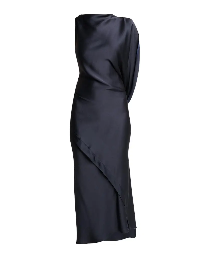 Victoria Beckham Kyra Satin Asymmetric Midi Dress | Image 1 Victoria Beckham Kyra Satin Asymmetric Midi Dress | Image 1