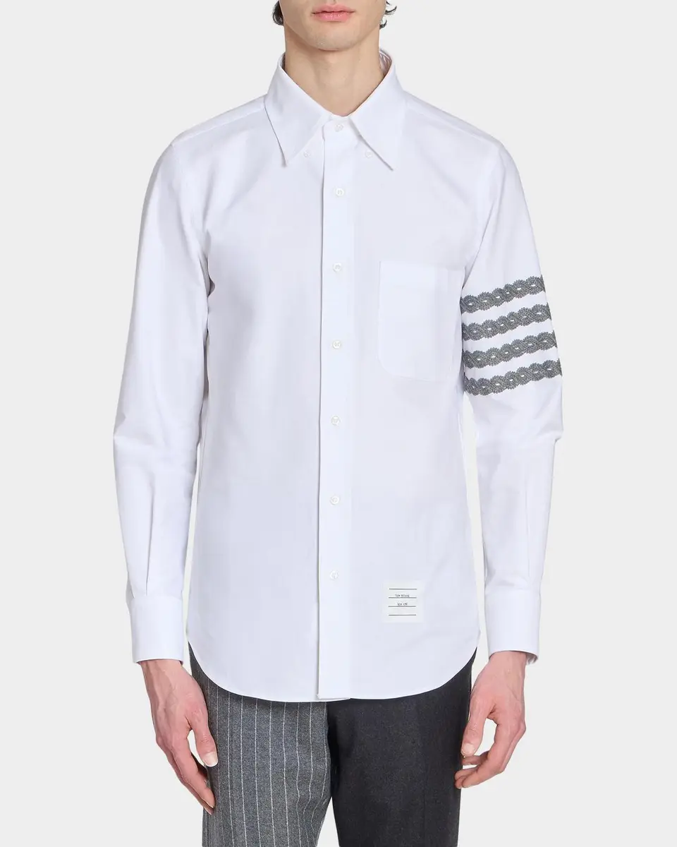 Thom Browne Men's Unraveling Cable 4-Bar Straight-Fit Oxford Shirt | Thumbnail 4 Thom Browne Men's Unraveling Cable 4-Bar Straight-Fit Oxford Shirt | Thumbnail 4