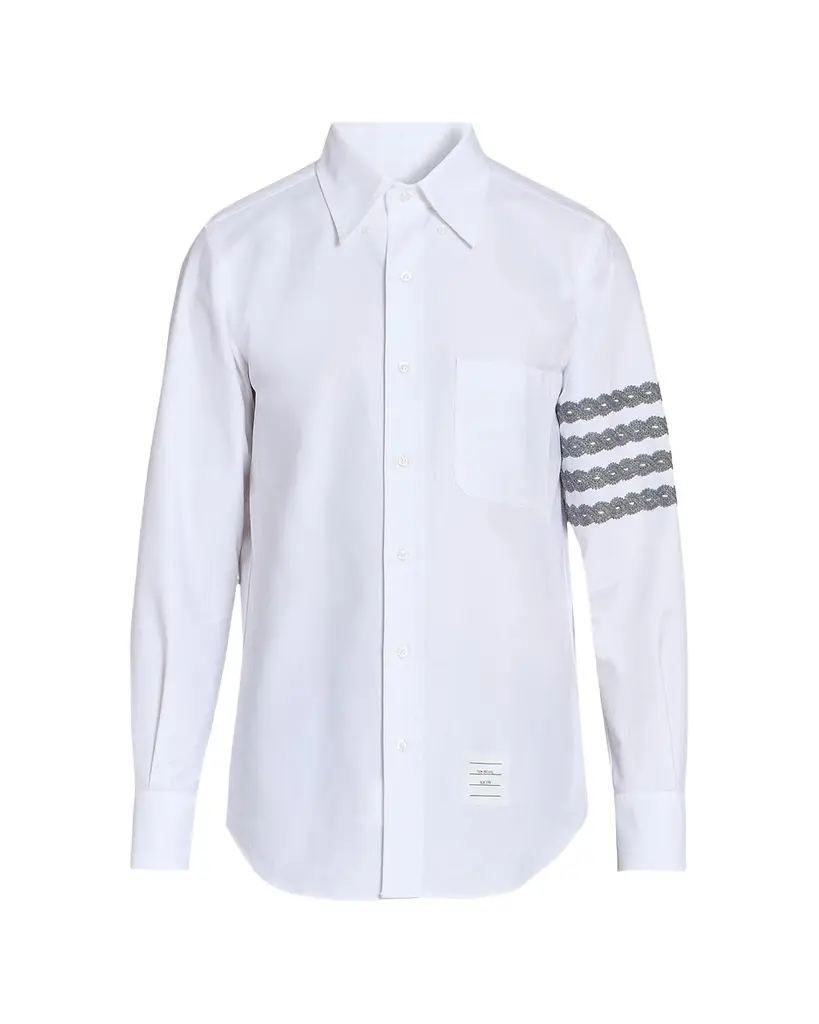 Thom Browne Men's Unraveling Cable -Bar Straight-Fit Oxford Shirt | Image 1 Thom Browne Men's Unraveling Cable -Bar Straight-Fit Oxford Shirt | Image 1