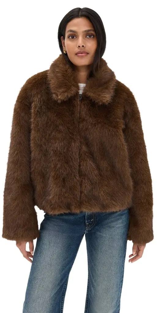Bardot Sylvie Zip Faux Fur Jacket Chocolate | Image 1 Bardot Sylvie Zip Faux Fur Jacket Chocolate | Image 1