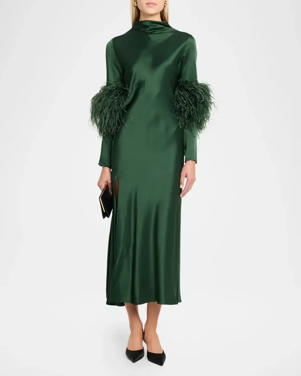Lapointe Satin Draped Neck Feather-Trim Midi Dress | Thumbnail 2 Lapointe Satin Draped Neck Feather-Trim Midi Dress | Thumbnail 2