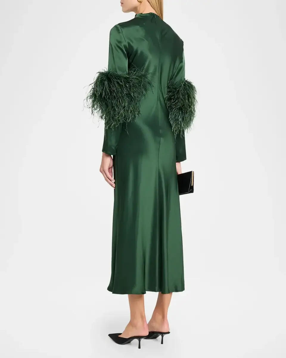 Lapointe Satin Draped Neck Feather-Trim Midi Dress | Thumbnail 3 Lapointe Satin Draped Neck Feather-Trim Midi Dress | Thumbnail 3