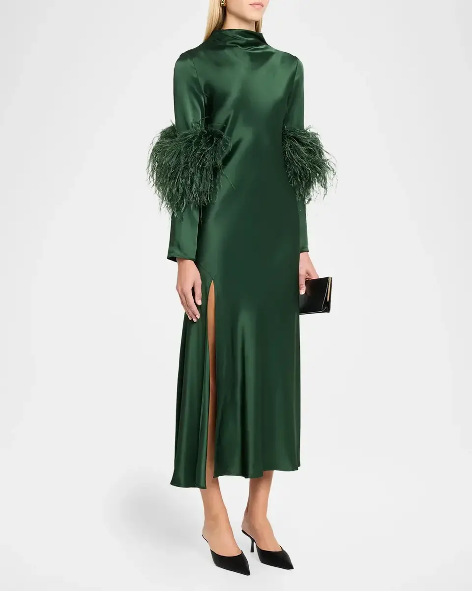 Lapointe Satin Draped Neck Feather-Trim Midi Dress | Thumbnail 4 Lapointe Satin Draped Neck Feather-Trim Midi Dress | Thumbnail 4