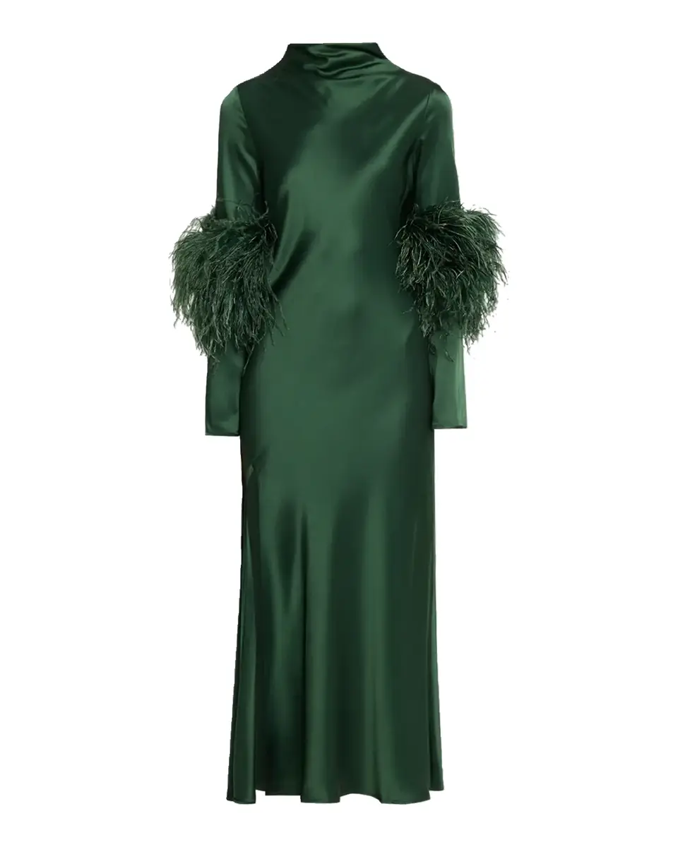 Lapointe Satin Draped Neck Feather-Trim Midi Dress | Thumbnail 5 Lapointe Satin Draped Neck Feather-Trim Midi Dress | Thumbnail 5