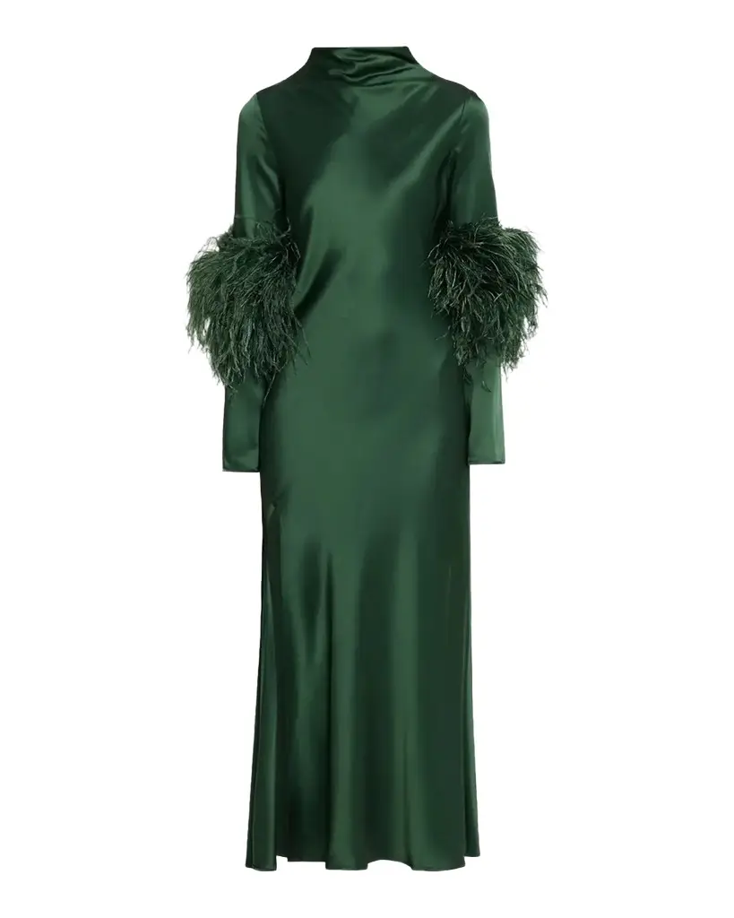 Lapointe Satin Draped Neck Feather-Trim Midi Dress | Image 1 Lapointe Satin Draped Neck Feather-Trim Midi Dress | Image 1