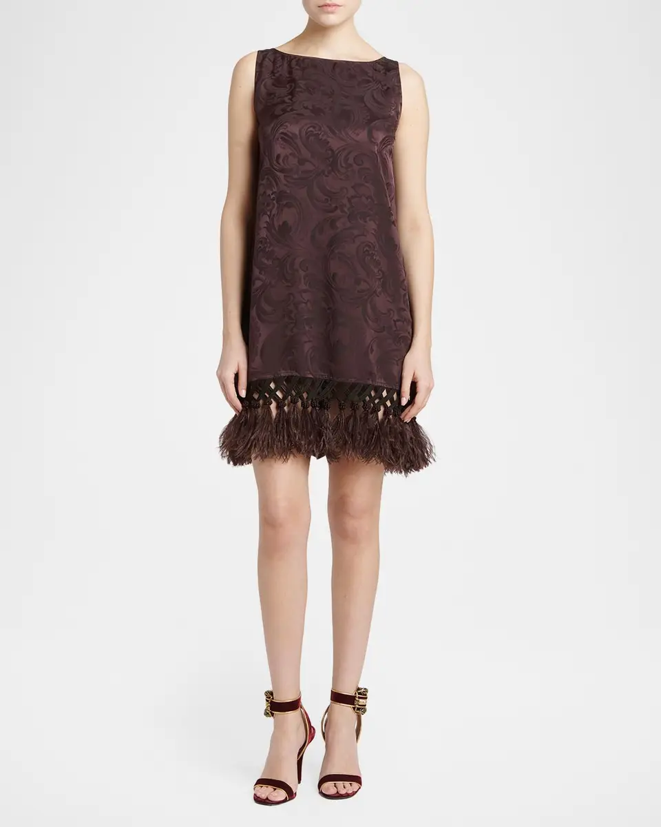 Etro Sleeveless Satin Jacquard Feather Tassel Mini Dress | Thumbnail 2 Etro Sleeveless Satin Jacquard Feather Tassel Mini Dress | Thumbnail 2