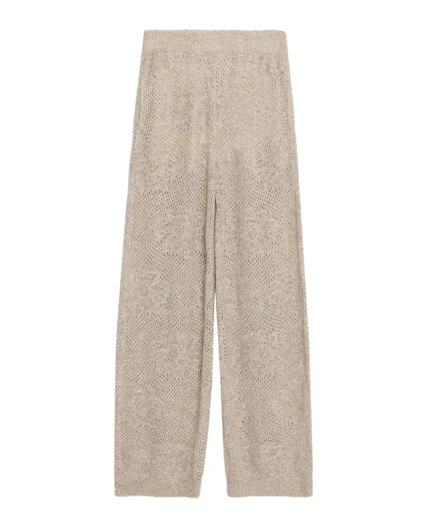 Brunello Cucinelli Floral Paillette Mohair Open-Knit Wide-Leg Pants