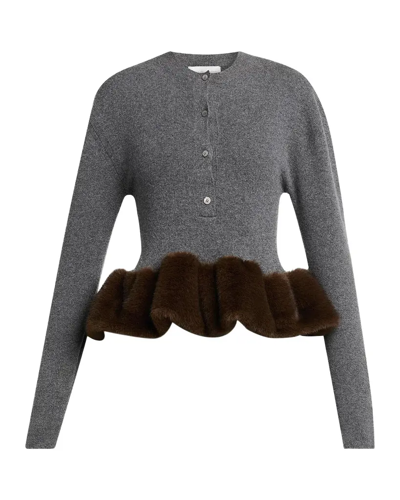 Stella McCartney Faux Fur Trim Wool Crewneck Sweater | Image 1 Stella McCartney Faux Fur Trim Wool Crewneck Sweater | Image 1