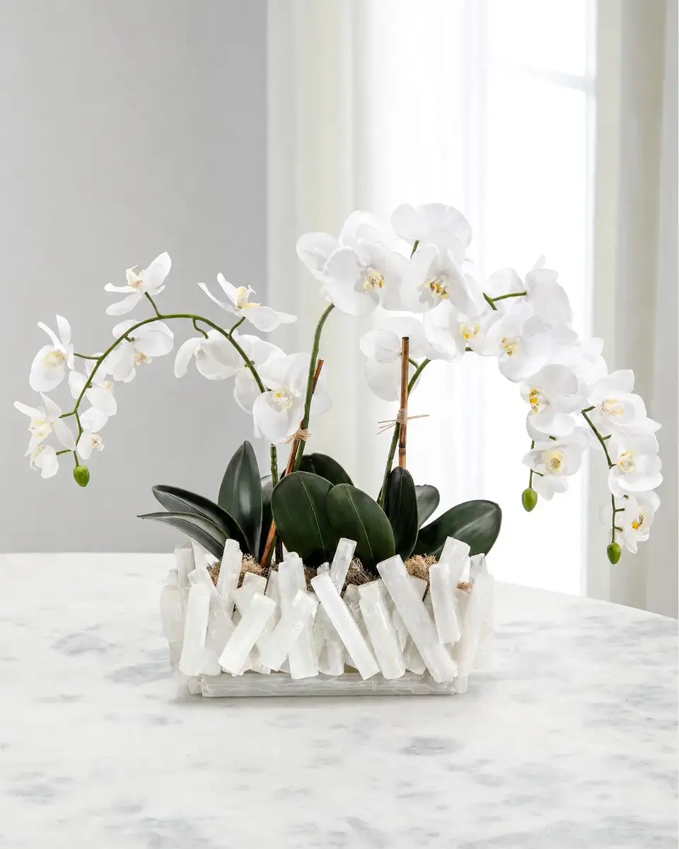 John-Richard Collection White Orchids 28" Faux Floral Arrangement in Selenite Vase | Thumbnail 2 John-Richard Collection White Orchids 28" Faux Floral Arrangement in Selenite Vase | Thumbnail 2