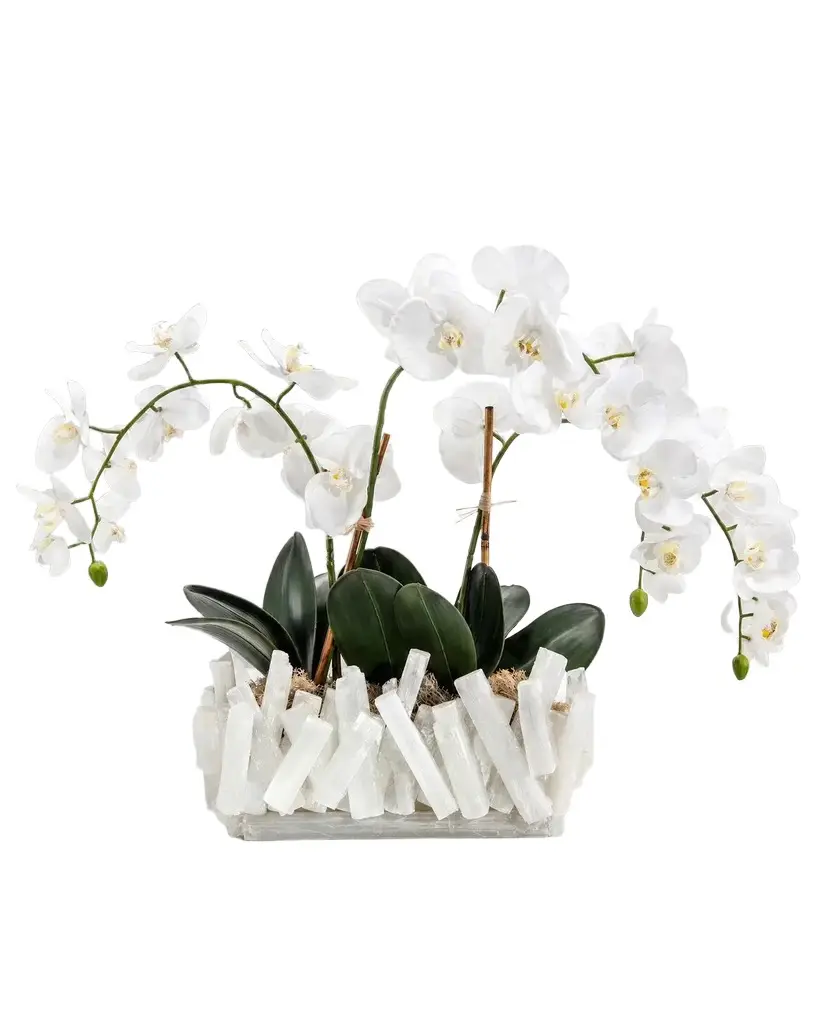John-Richard Collection White Orchids 28" Faux Floral Arrangement in Selenite Vase