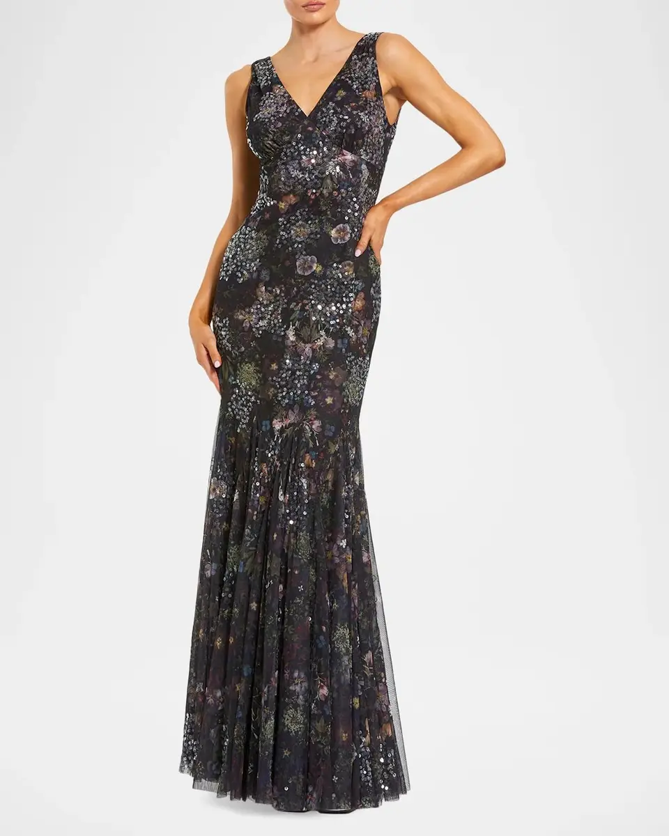 Mac Duggal Sequin Floral-Print Mesh Mermaid Gown | Thumbnail 2 Mac Duggal Sequin Floral-Print Mesh Mermaid Gown | Thumbnail 2