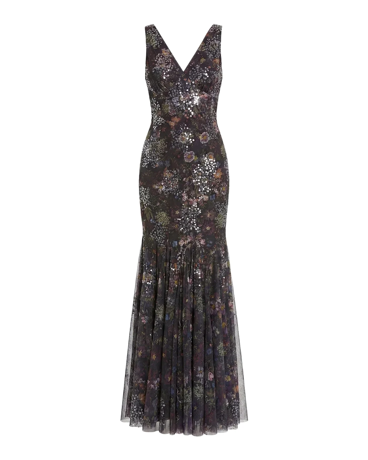 Mac Duggal Sequin Floral-Print Mesh Mermaid Gown