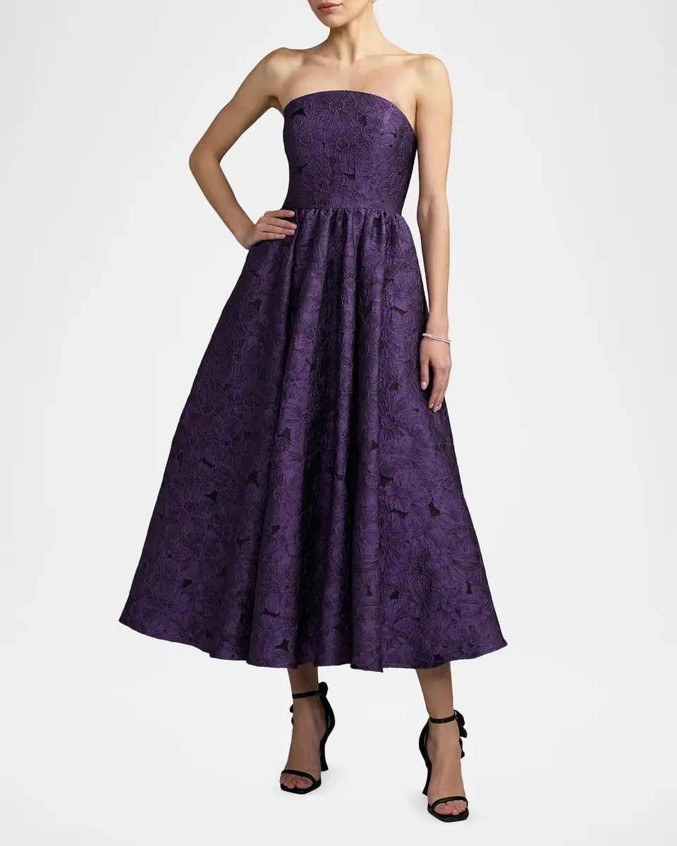 Mac Duggal Strapless Floral Brocade Midi Dress | Thumbnail 2 Mac Duggal Strapless Floral Brocade Midi Dress | Thumbnail 2