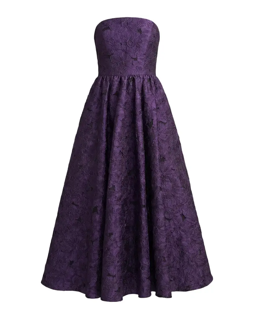 Mac Duggal Strapless Floral Brocade Midi Dress | Image 1 Mac Duggal Strapless Floral Brocade Midi Dress | Image 1