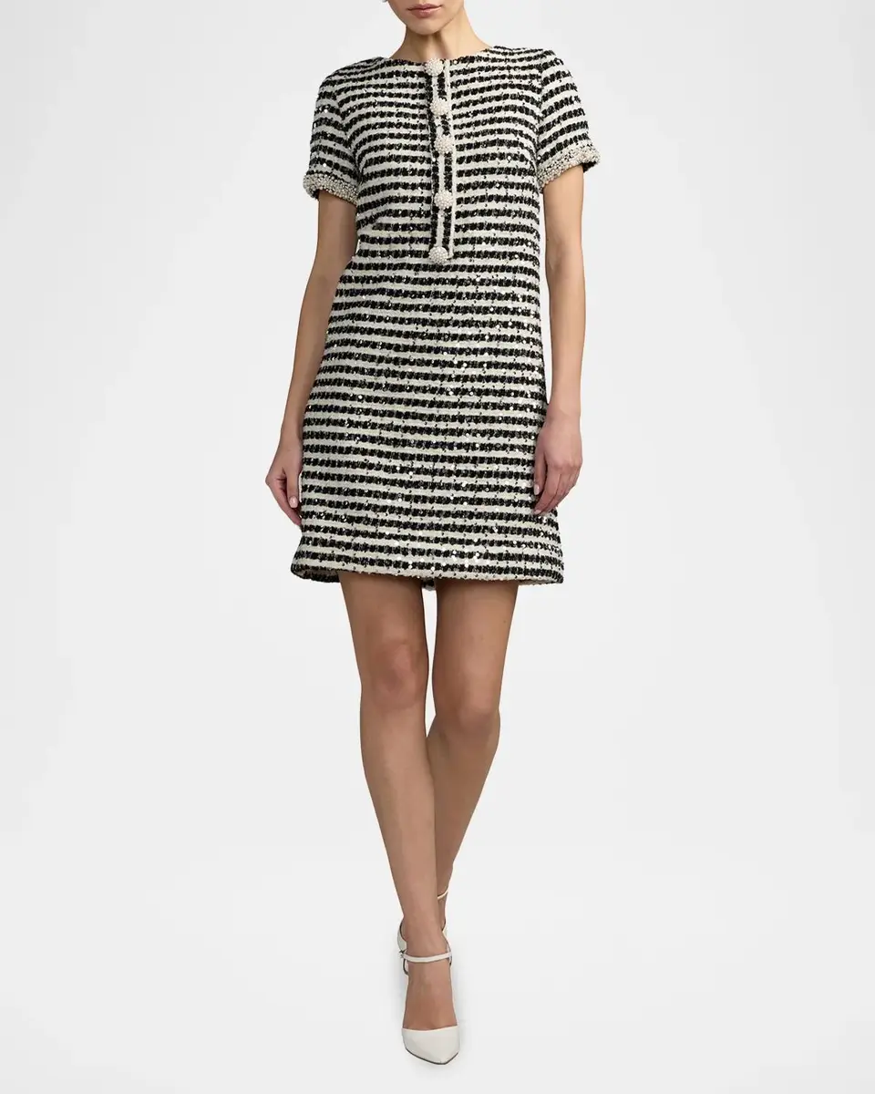 Mac Duggal Sequin Striped Boucle Mini Dress | Thumbnail 2 Mac Duggal Sequin Striped Boucle Mini Dress | Thumbnail 2