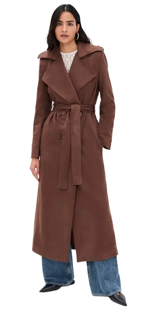 Bardot Kira Faux Suede Trench Coat Chocolate | Image 1 Bardot Kira Faux Suede Trench Coat Chocolate | Image 1