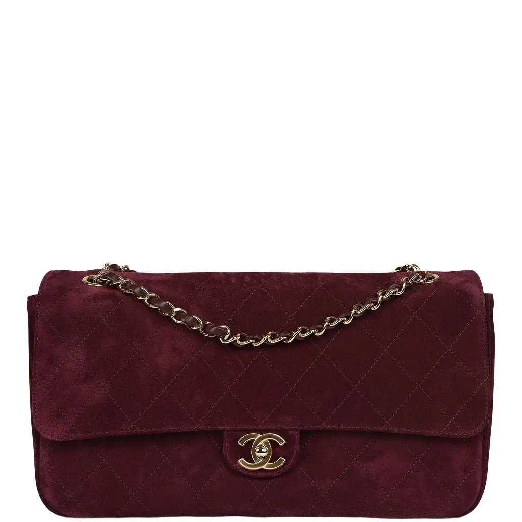Chanel Chanel Maxi "Souplissimo" Small Flap Bag Burgundy Suede Gold Hardware | Image 1 Chanel Chanel Maxi "Souplissimo" Small Flap Bag Burgundy Suede Gold Hardware | Image 1