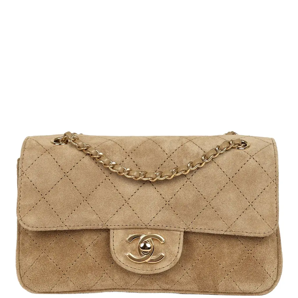 Chanel Chanel Mini "Souplissimo" Flap Bag Beige Suede Gold Hardware | Image 1 Chanel Chanel Mini "Souplissimo" Flap Bag Beige Suede Gold Hardware | Image 1