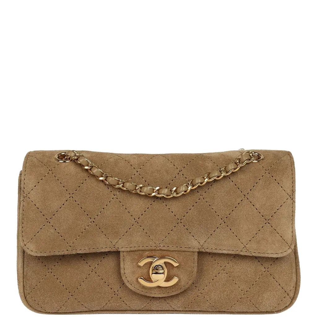 Chanel Chanel Mini "Souplissimo" Flap Bag Beige Suede Gold Hardware | Image 1 Chanel Chanel Mini "Souplissimo" Flap Bag Beige Suede Gold Hardware | Image 1