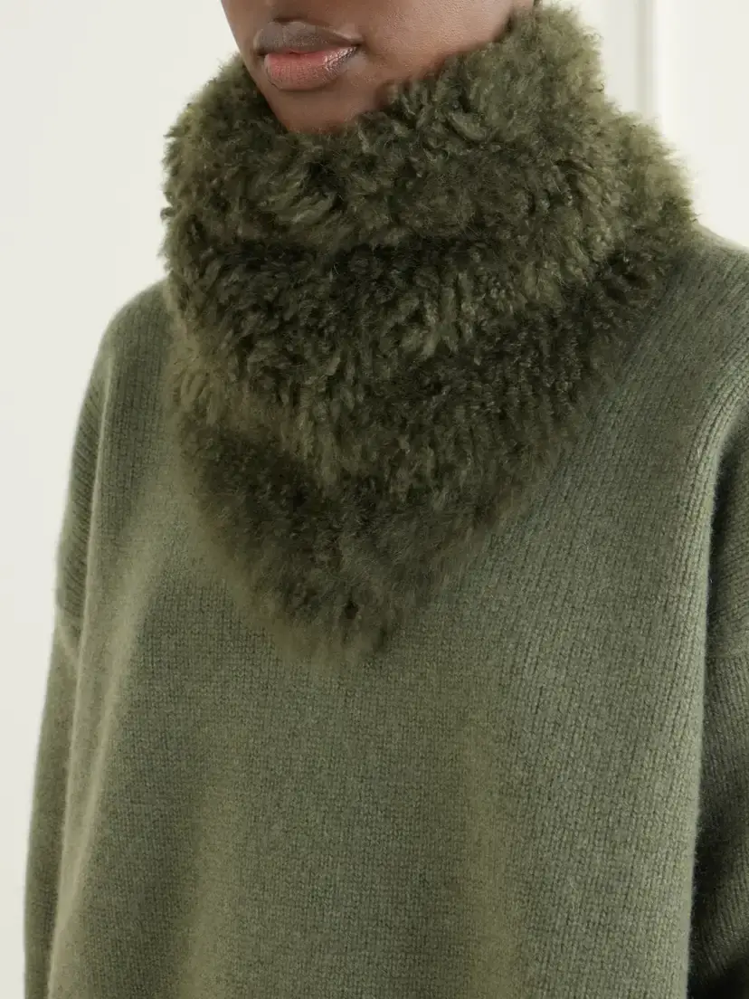 Yves Salomon Shearling And Wool Scarf - Green | Thumbnail 2 Yves Salomon Shearling And Wool Scarf - Green | Thumbnail 2