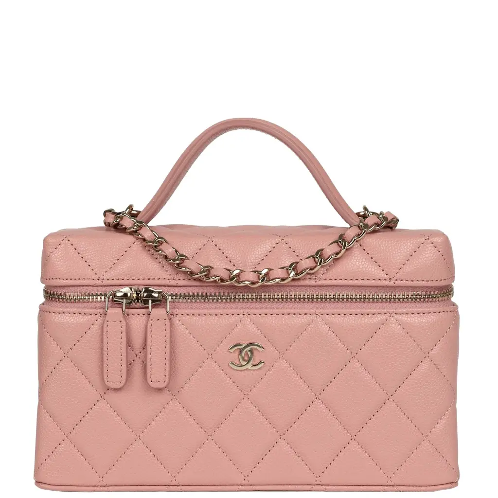 Chanel Chanel Top Handle Long Vanity Case with Chain Pink Caviar Light Gold Hardware | Image 1 Chanel Chanel Top Handle Long Vanity Case with Chain Pink Caviar Light Gold Hardware | Image 1