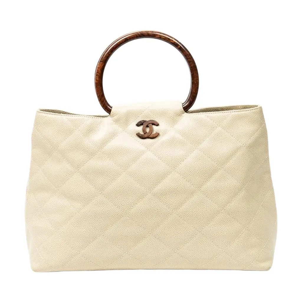 Chanel Chanel CC Ivory/Brown Calf Leather Wood Handle Tote by The Solist | Image 1 Chanel Chanel CC Ivory/Brown Calf Leather Wood Handle Tote by The Solist | Image 1