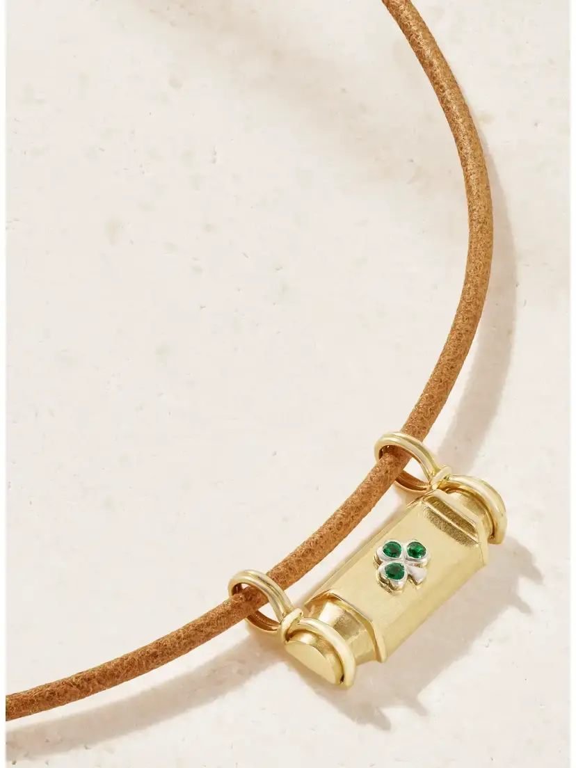 Marie Lichtenberg Clover Smash Locket 18-karat Yellow And White Gold, Emerald And Leather Necklace | Thumbnail 4