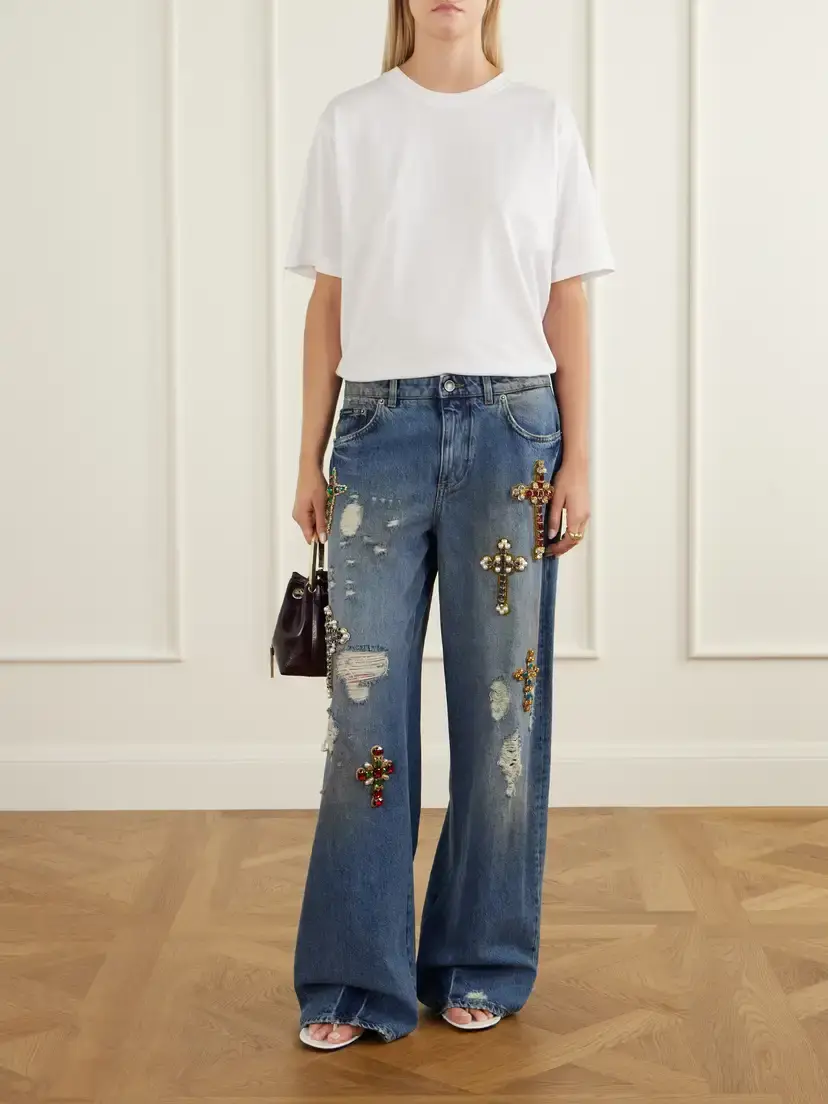 Dolce & Gabbana Embellished Distressed High-rise Wide-leg Jeans | Thumbnail 2 Dolce & Gabbana Embellished Distressed High-rise Wide-leg Jeans | Thumbnail 2
