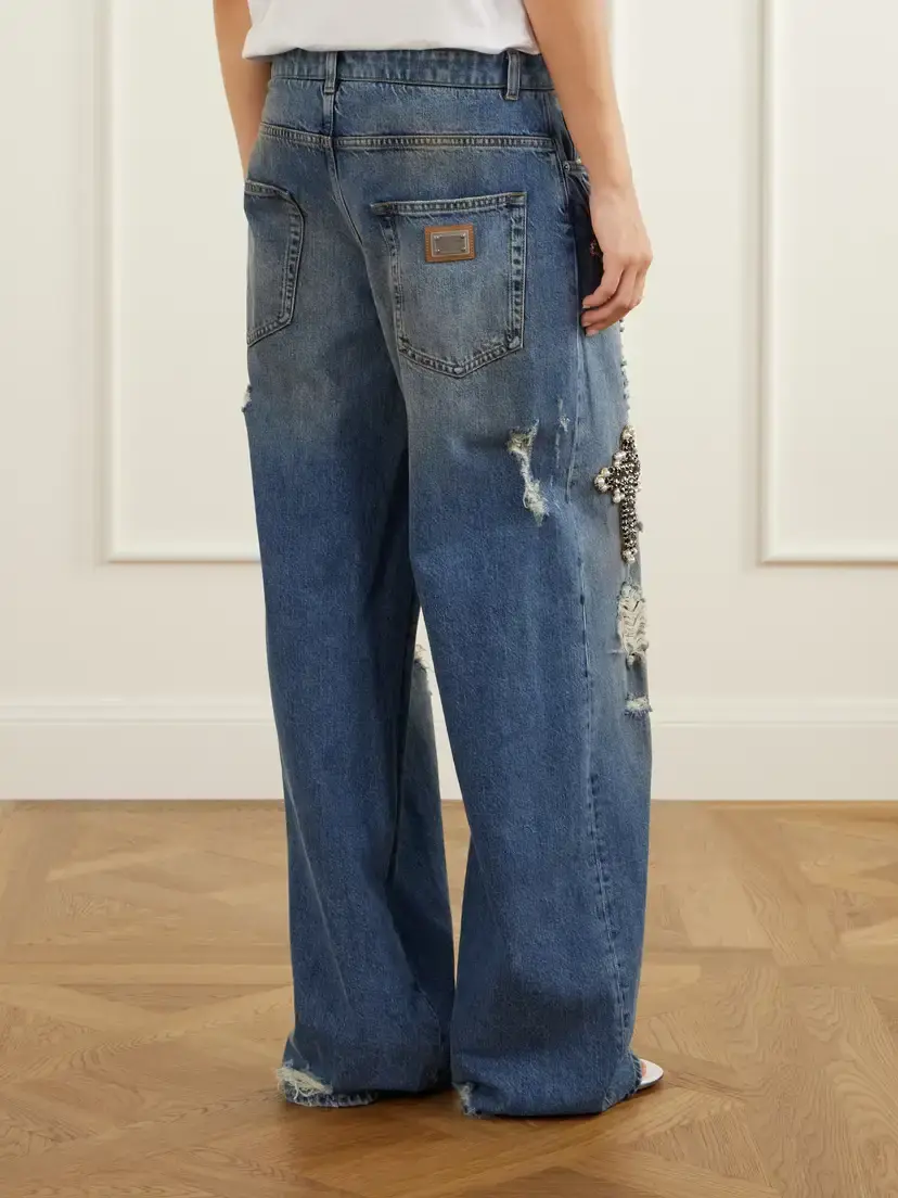 Dolce & Gabbana Embellished Distressed High-rise Wide-leg Jeans | Thumbnail 3 Dolce & Gabbana Embellished Distressed High-rise Wide-leg Jeans | Thumbnail 3