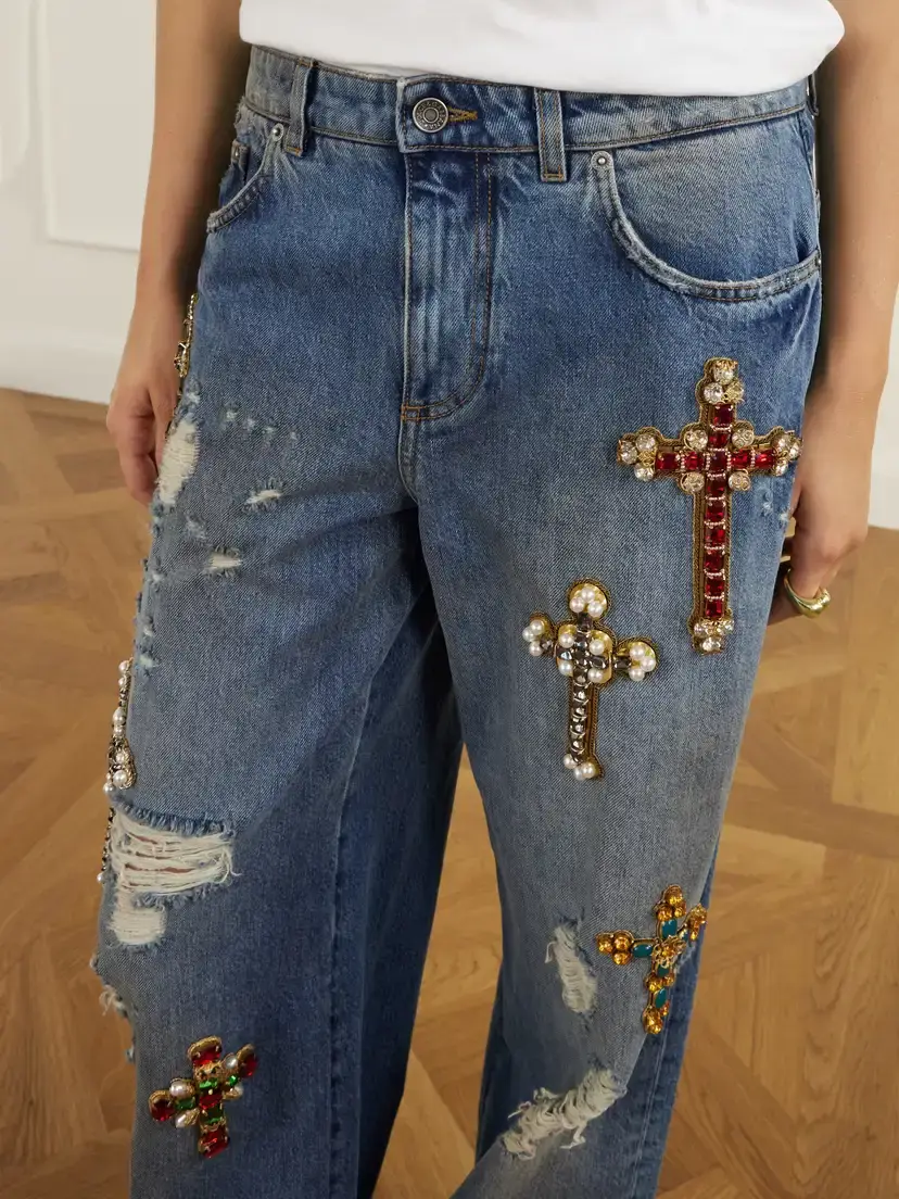 Dolce & Gabbana Embellished Distressed High-rise Wide-leg Jeans | Thumbnail 4 Dolce & Gabbana Embellished Distressed High-rise Wide-leg Jeans | Thumbnail 4