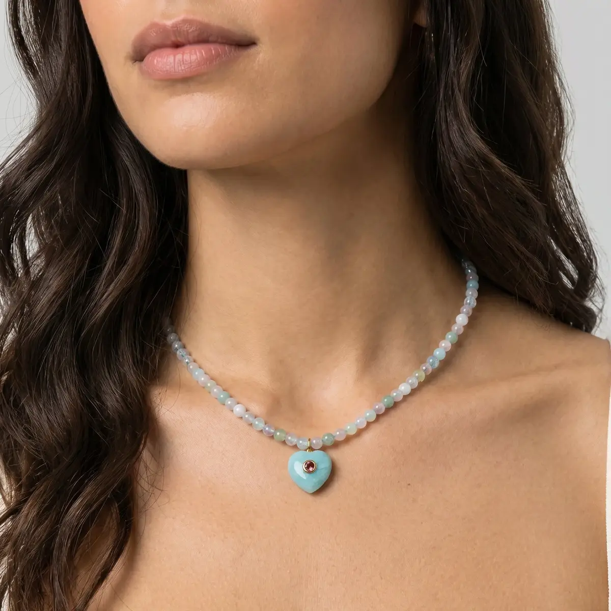 Stephanie Gottlieb Kendall Aquamarine Beaded Necklace with Amazonite Heart Charm | Thumbnail 2