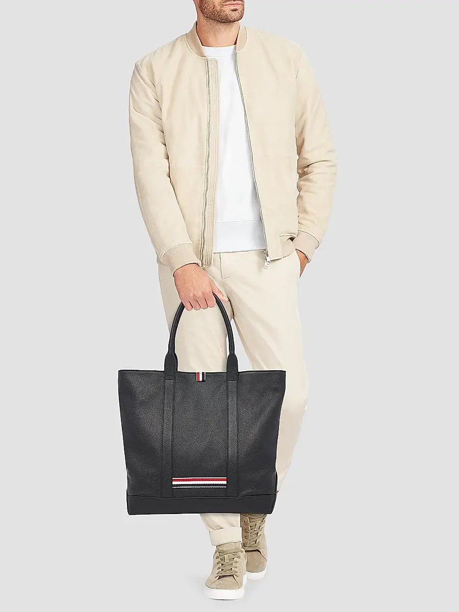 Thom Browne Men's Striped-Detail Pebbled Leather Tote Bag | Thumbnail 2 Thom Browne Men's Striped-Detail Pebbled Leather Tote Bag | Thumbnail 2