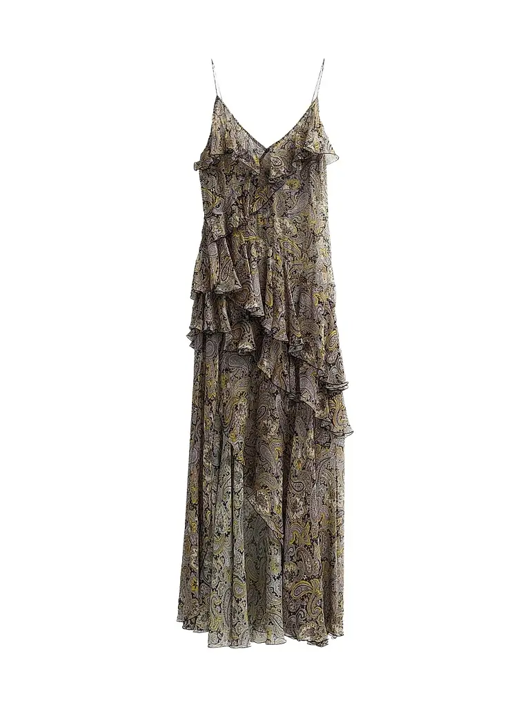 Ronny Kobo Women's Alva Paisley Ruffle Slit Maxi Dress - Black Gold Multi | Image 1 Ronny Kobo Women's Alva Paisley Ruffle Slit Maxi Dress - Black Gold Multi | Image 1