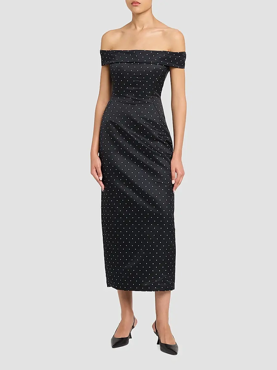 Lela Rose Women's Polka Dot Jacquard Off-The-Shoulder Column Cocktail Dress | Thumbnail 4