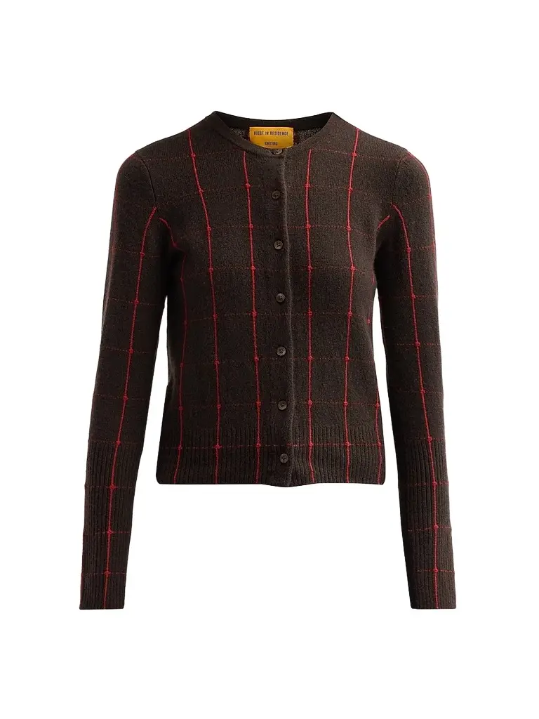 Guest In Residence Women's Jane Windowpane Cashmere Crewneck Cardigan - Burnt Cocoa Carmine | Image 1 Guest In Residence Women's Jane Windowpane Cashmere Crewneck Cardigan - Burnt Cocoa Carmine | Image 1