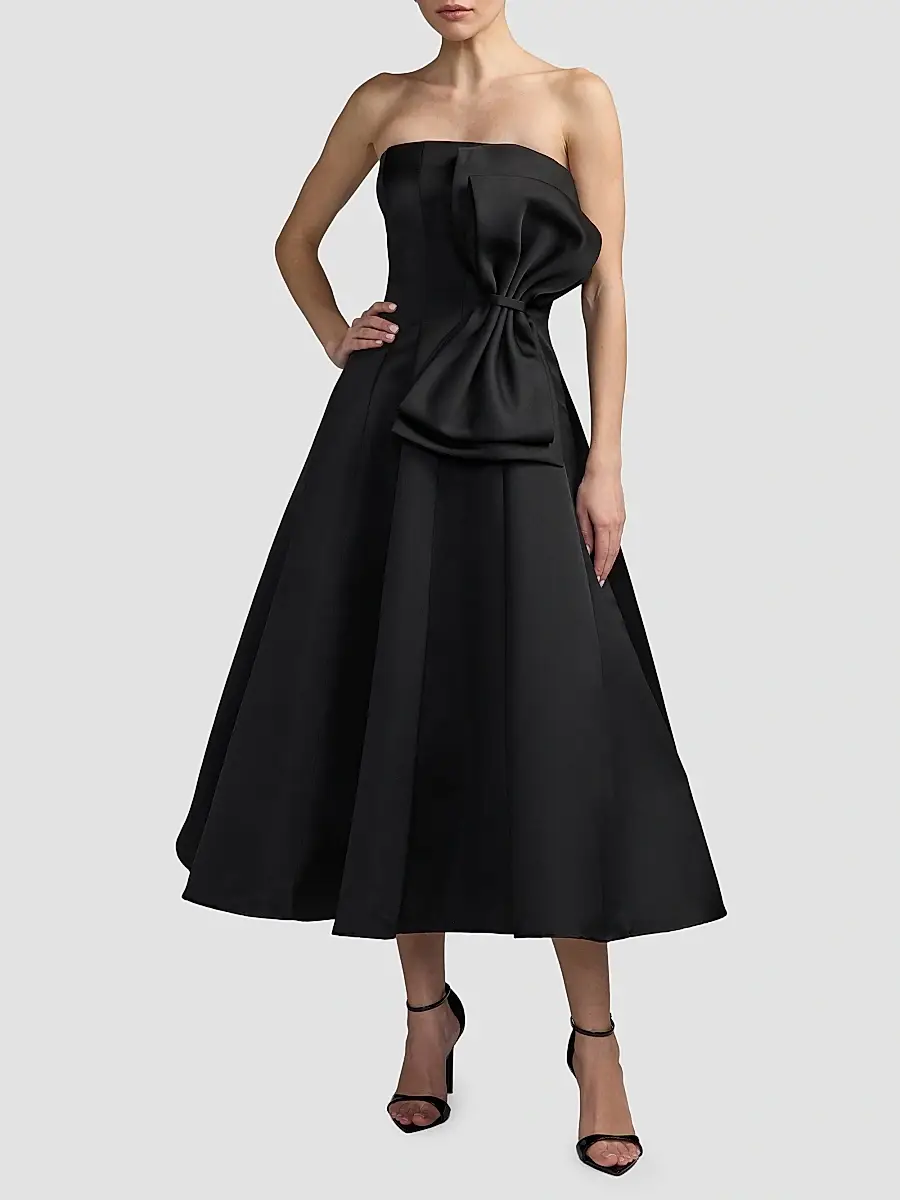 Mac Duggal Women's Satin Charmeuse Bow Strapless Midi Dress | Thumbnail 2 Mac Duggal Women's Satin Charmeuse Bow Strapless Midi Dress | Thumbnail 2