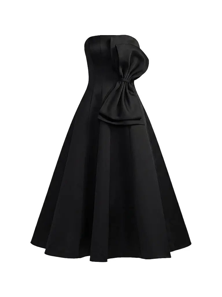 Mac Duggal Women's Satin Charmeuse Bow Strapless Midi Dress - Black | Image 1 Mac Duggal Women's Satin Charmeuse Bow Strapless Midi Dress - Black | Image 1