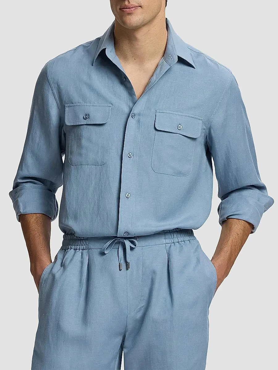 Ralph Lauren Purple Label Men's Silk-Linen Button-Front Shirt | Thumbnail 4 Ralph Lauren Purple Label Men's Silk-Linen Button-Front Shirt | Thumbnail 4