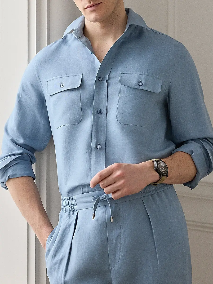 Ralph Lauren Purple Label Men's Silk-Linen Button-Front Shirt | Thumbnail 7 Ralph Lauren Purple Label Men's Silk-Linen Button-Front Shirt | Thumbnail 7