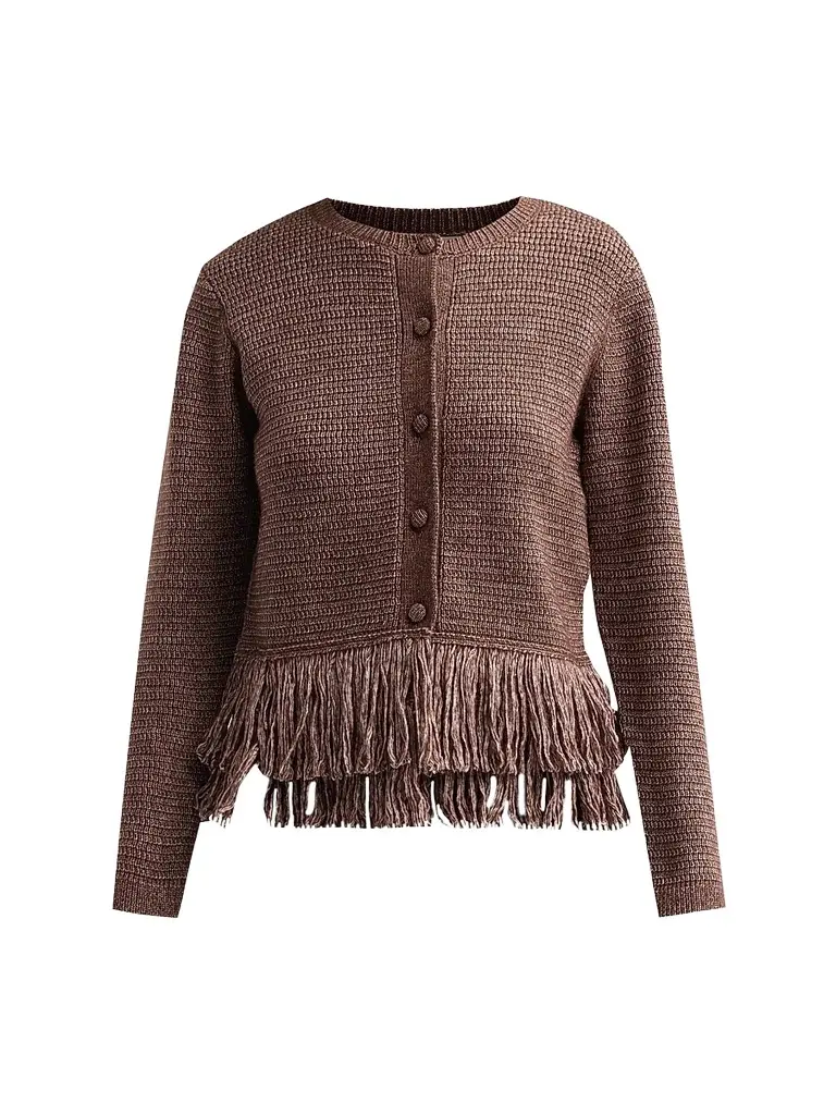 Design History Women's Imara Fringe-Trim Crewneck Top - Cocoa | Image 1 Design History Women's Imara Fringe-Trim Crewneck Top - Cocoa | Image 1