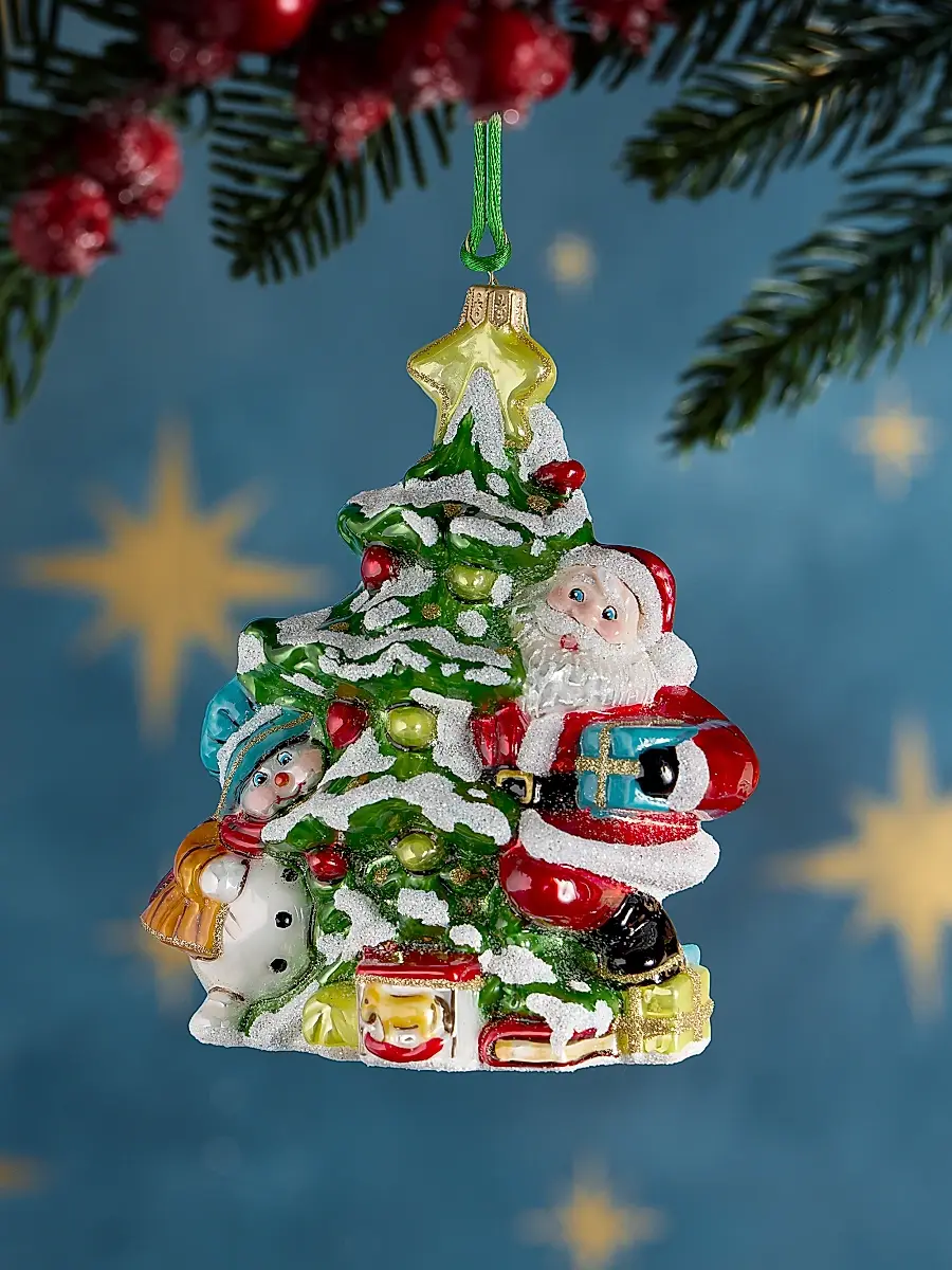 Exclusively Ours Santa Snowman Holiday Tree Glass Ornament | Image 1 Exclusively Ours Santa Snowman Holiday Tree Glass Ornament | Image 1